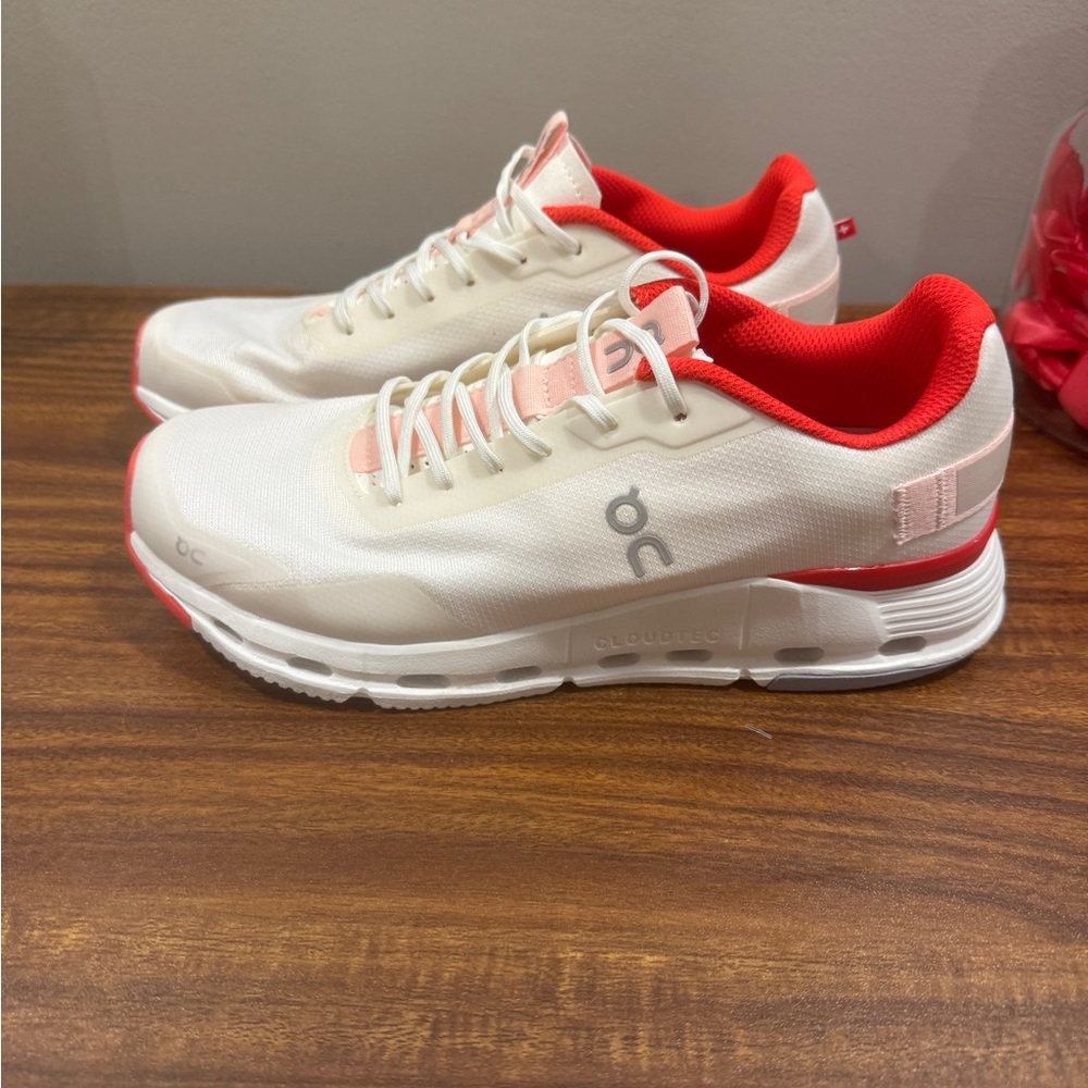 On Running Athletic Shoes in White and Red